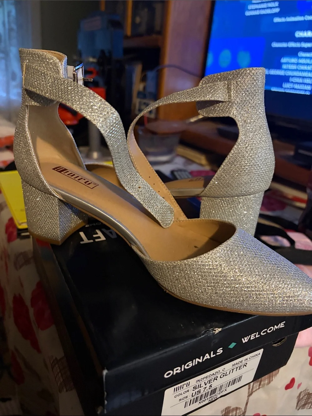 IDIFU Silver Glitter Pointed Block Heel Sandals with Ankle Strap
